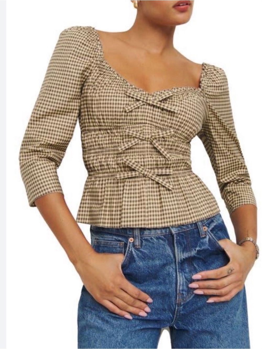 NWT Reformation Beige Gingham Square-Neck Peplum Top